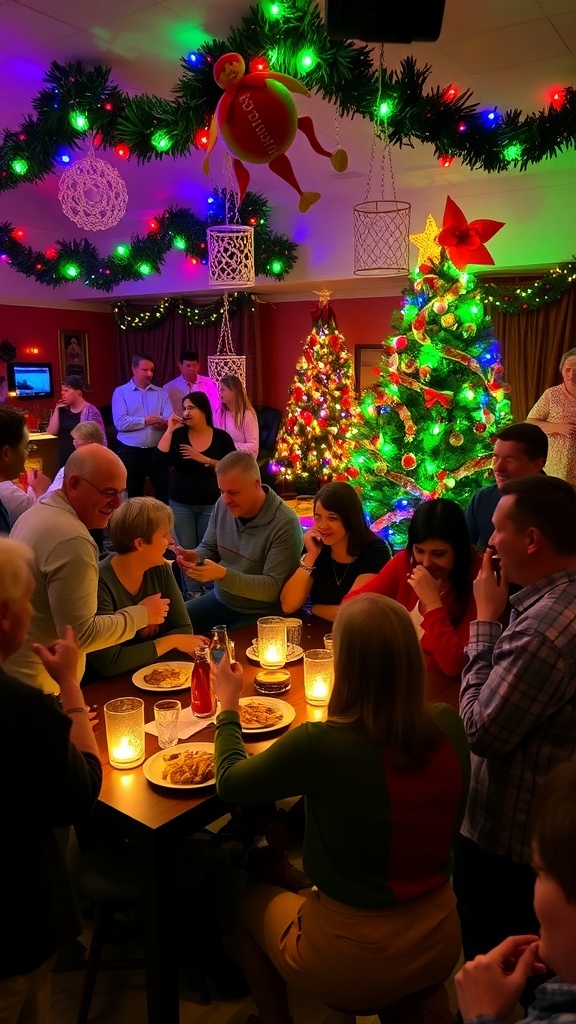 A festive Christmas party with guests playing games like charades and trivia, surrounded by decorations and a Christmas tree.